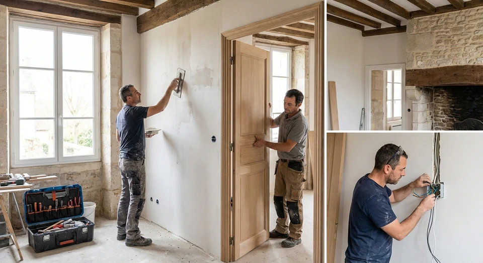Scène d'un chantier de rénovation intérieure montrant plusieurs artisans différents travaillant en coordination : un maçon effectuant des travaux de finition murale, un menuisier installant une porte intérieure, et un électricien travaillant sur une installation. La photo doit capturer l'atmosphère de chantier professionnel, l'organisation et la collaboration entre les différents corps d'état. Cadrage montrant l'ampleur et la diversité des travaux, pris de jour avec une lumière naturelle, illustrant le concept d'accompagnement global et coordonné.