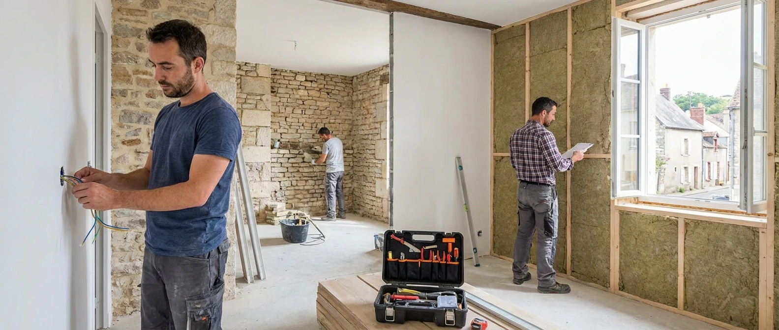 Électricien barbu portant casque blanc et lunettes de sécurité jaunes travaille sur tableau électrique dans bâtiment en construction