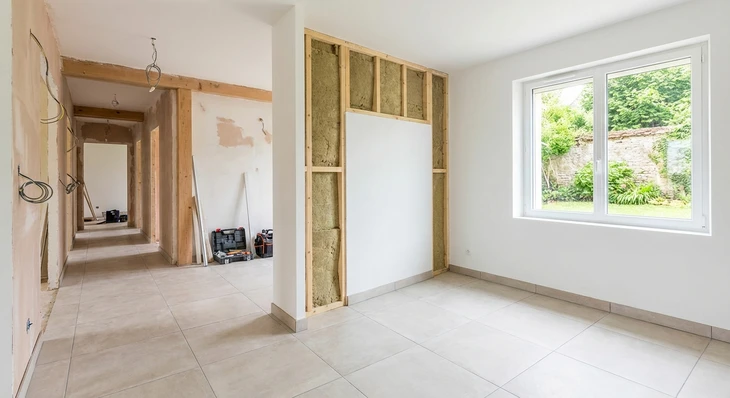 Ouvrier du bâtiment en casque de sécurité jaune consulte une tablette numérique sur chantier de construction