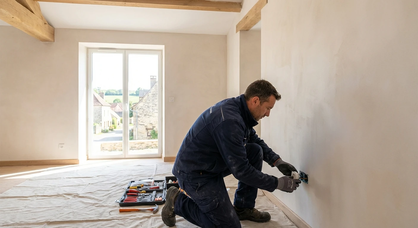 Électricien professionnel effectuant des mesures électriques dans un intérieur résidentiel