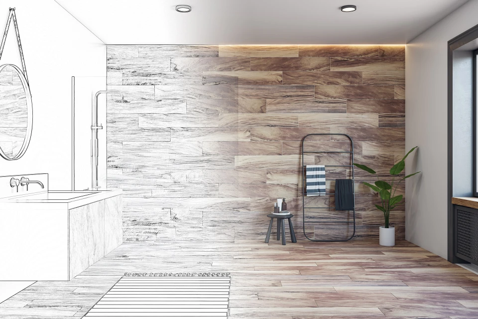 Photographie d'une pièce de vie entièrement rénovée et aménagée : salon ou salle à manger lumineux avec mobilier moderne, peinture fraîche, revêtement de sol rénové (parquet ou carrelage), éclairage ambiant, montrant un espace accueillant, fonctionnel et confortable destiné au quotidien.