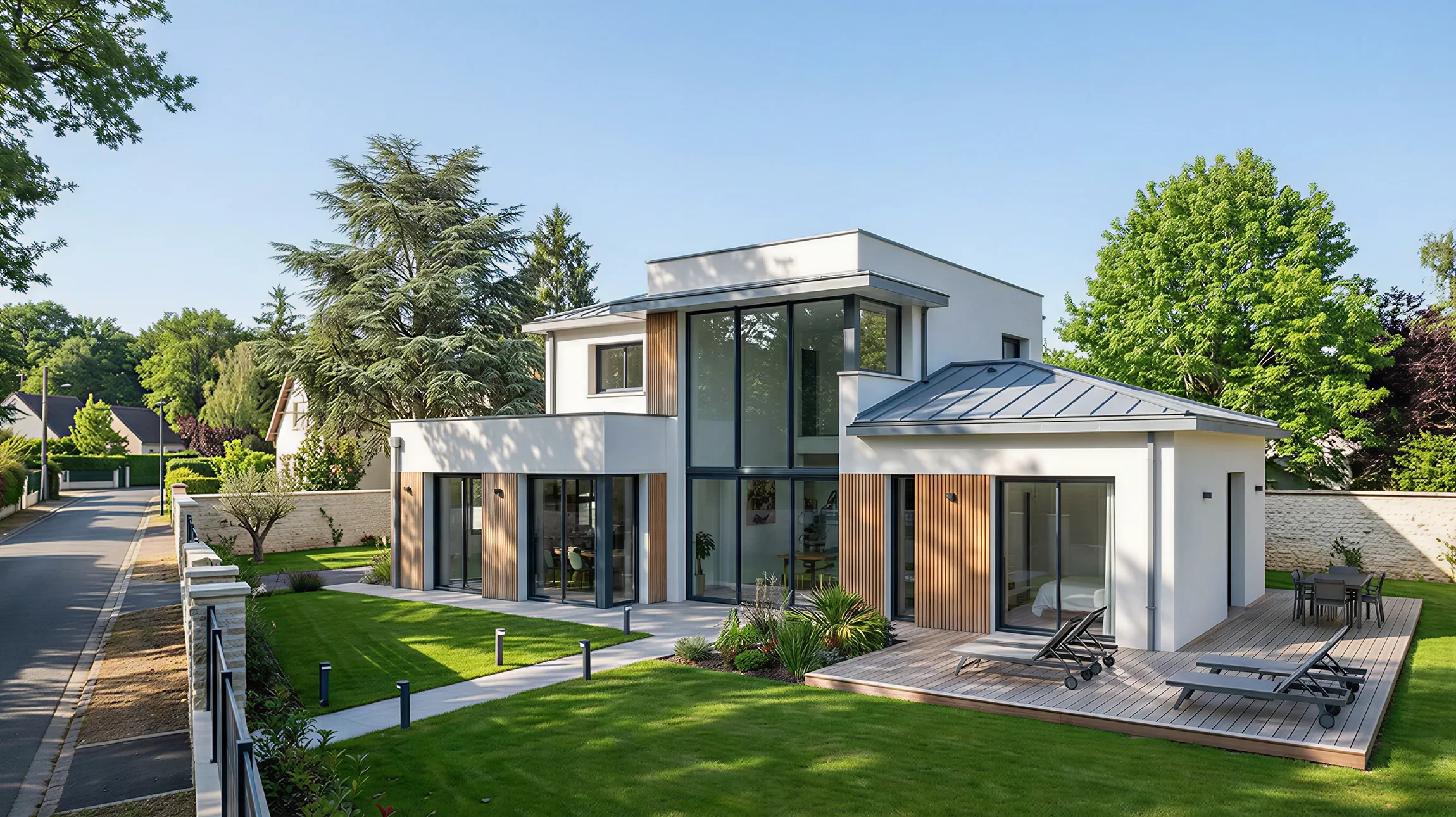 Maison individuelle contemporaine de plain-pied avec façade mixte pierre naturelle et enduit blanc