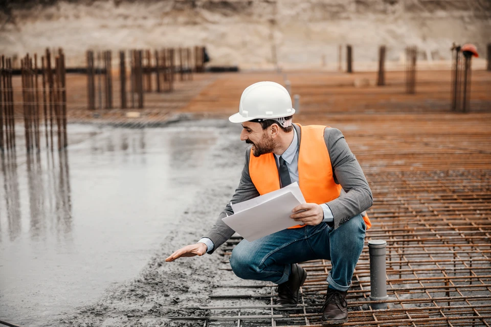 Ouvrier en équipement de sécurité sur chantier industriel, portant casque blanc, veste haute visibilité jaune fluorescent avec bandes réfléchissantes grises, tenant documents techniques