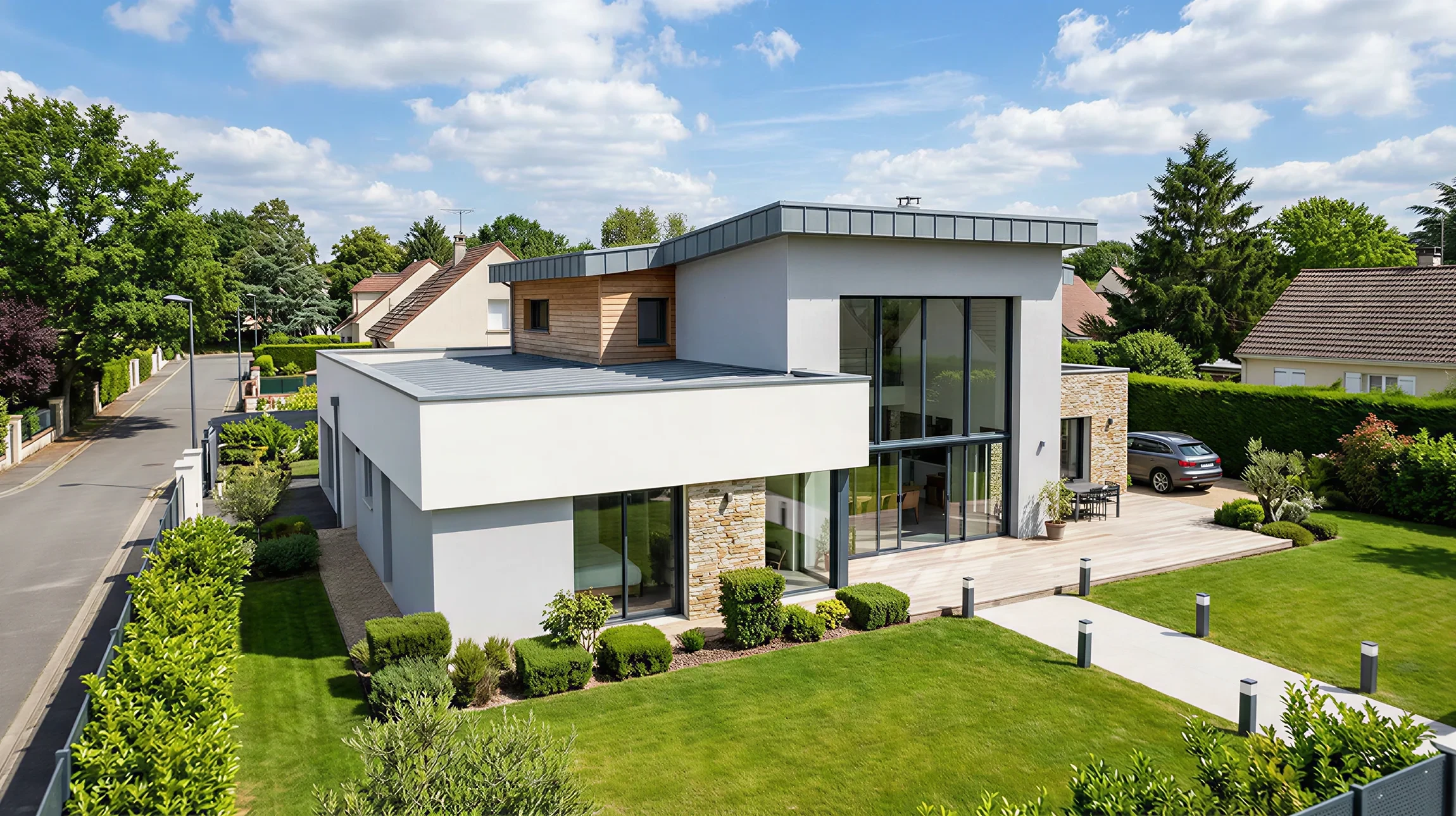 Maison individuelle neuve en construction avec façade crème, volets blancs et toiture tuiles rouges, située sur terrain en pente boisée