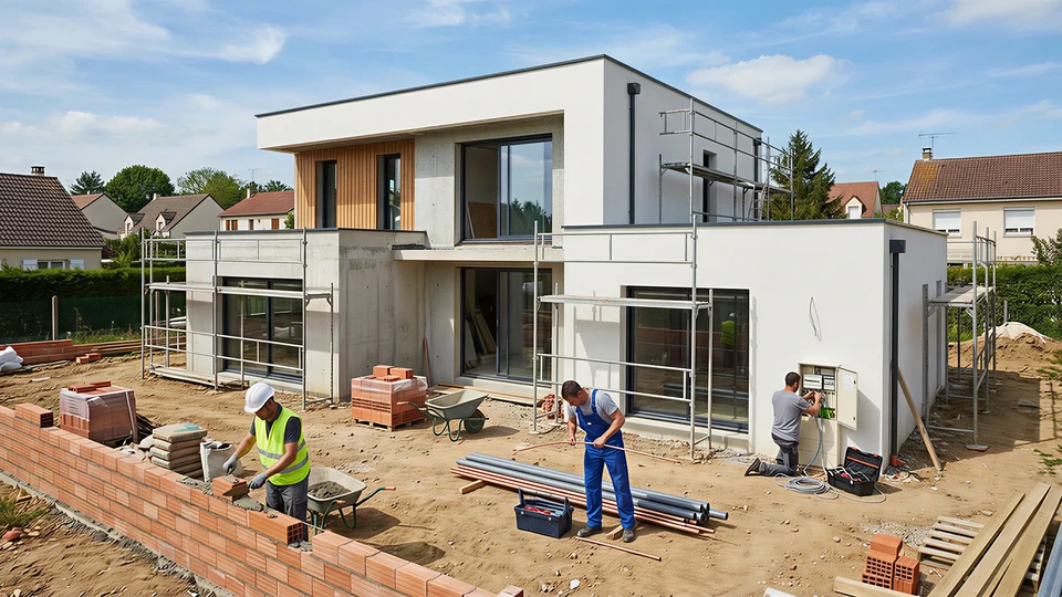 Chantier de construction r&eacute;sidentielle en cours, fa&ccedil;ade d'une maison neuve avec syst&egrave;me d'isolation thermique par l'ext&eacute;rieur (ITE)