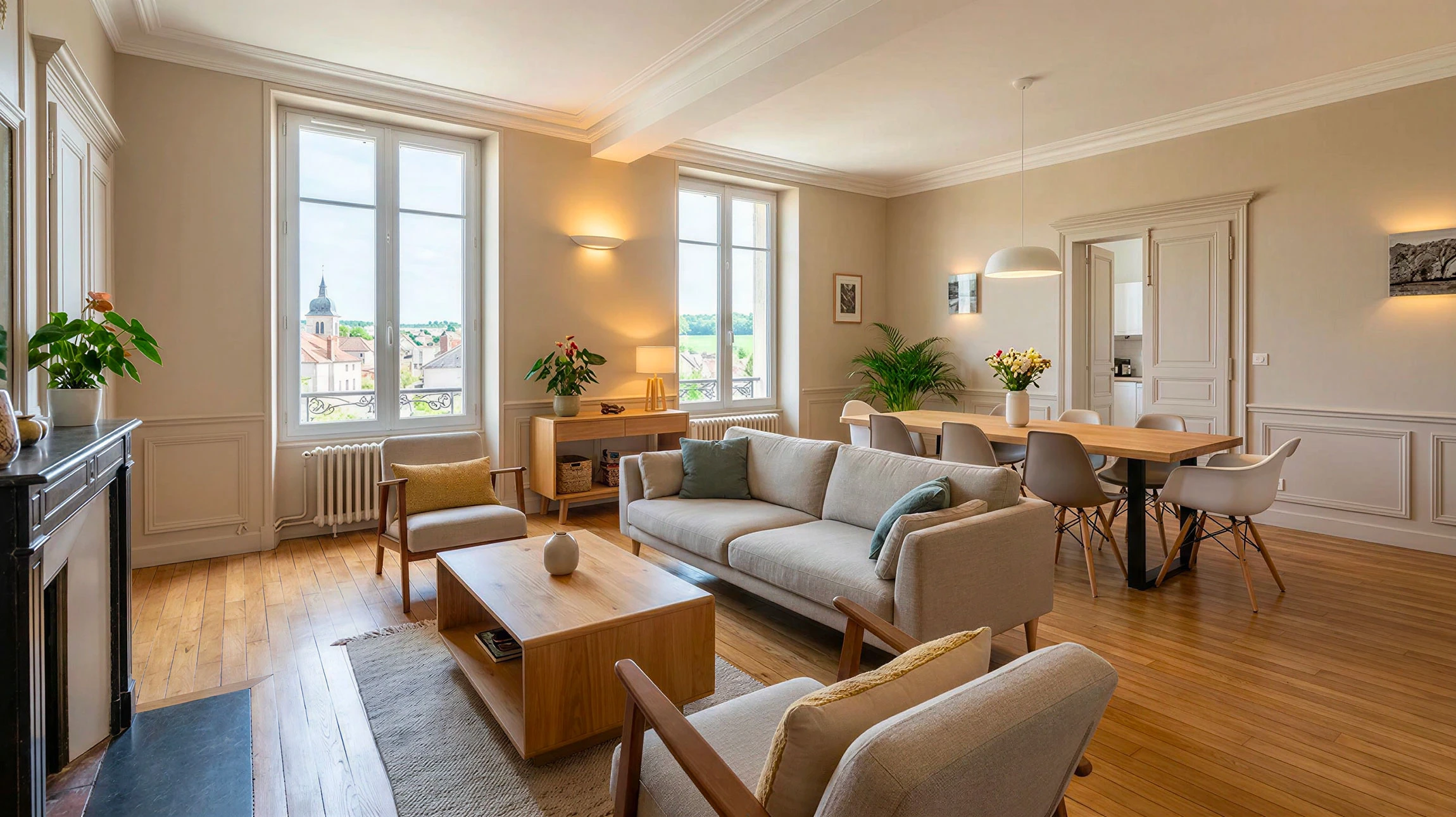 Électricien en tenue professionnelle effectuant des travaux d'installation électrique dans une maison. L'image montre un professionnel en action, installant une prise électrique ou travaillant sur un tableau électrique, dans un environnement intérieur réel (chambre, séjour ou cuisine). La photo doit transmettre le professionnalisme, la maîtrise du métier et la sécurité des installations. L'ambiance doit être celle d'une habitation résidentielle en cours de rénovation ou de finition.